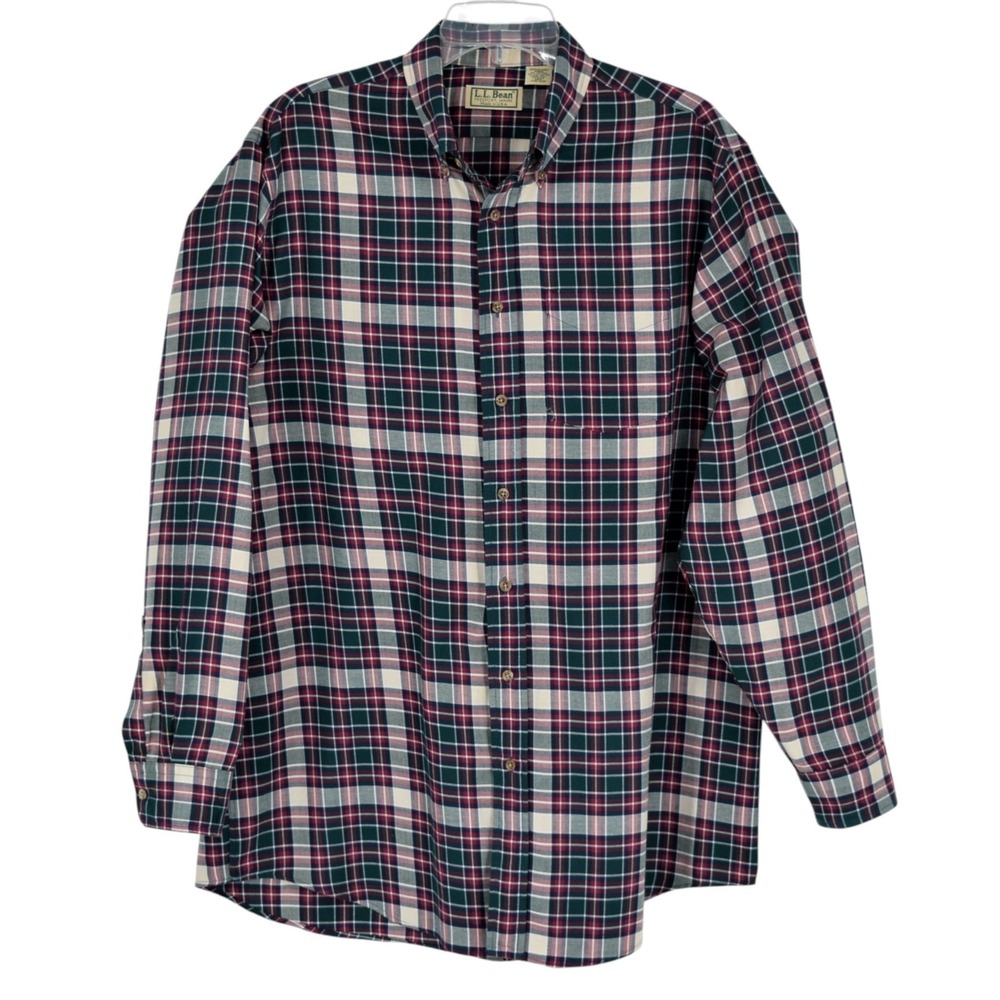 L.L. Bean Men Large Tall LT Plaid Button Down Shirt Long Sleeve USA Vintage 90s